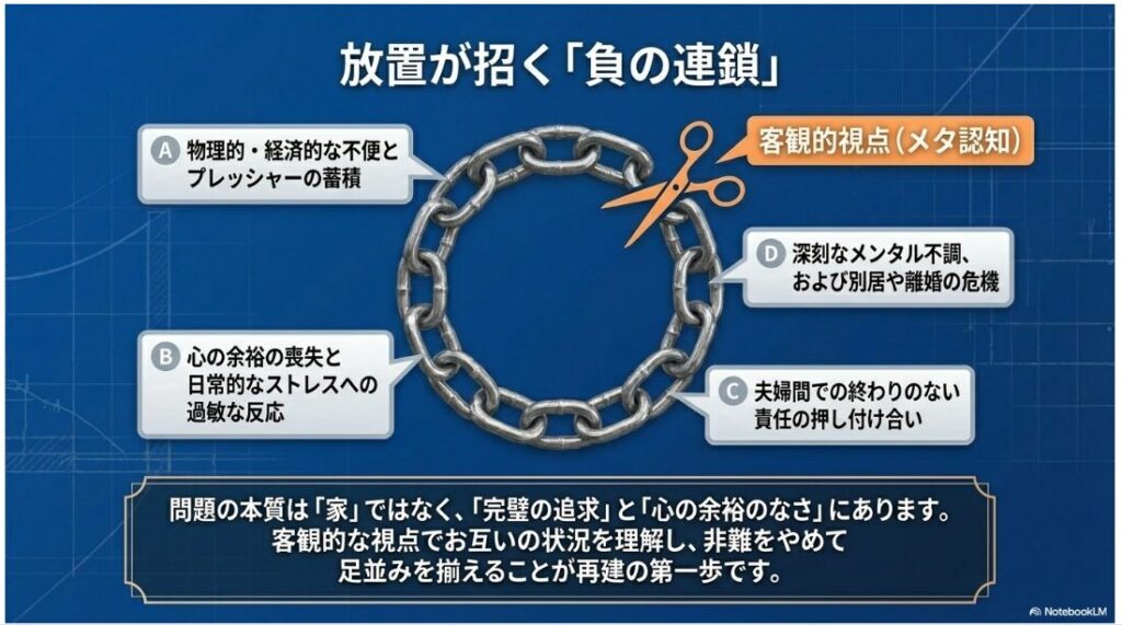 物理的・経済的なプレッシャーから心の余裕が喪失し、夫婦間の責任の押し付け合いや深刻なメンタル不調へと繋がる負の連鎖を示す鎖の図解
