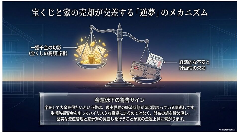 宝くじと財布が天秤に乗っているイラスト。一攫千金の幻影と現実の経済的な不安、金運低下の警告サインについて解説しています。