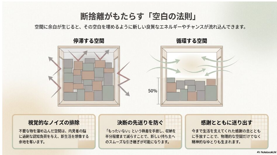 物が50%まで減り、空間に新しい風とエネルギーが循環する様子を表した比較図