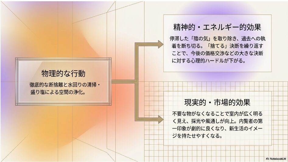 徹底的な断捨離や水回りの清掃による物理的な行動が、精神的・市場的な効果をもたらす仕組み