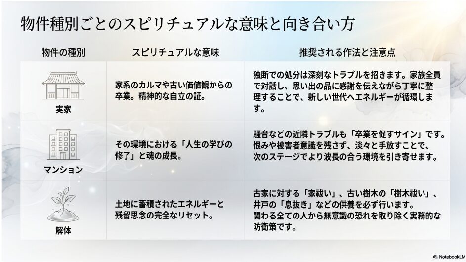 実家、マンション、解体といった物件種別ごとのスピリチュアルな意味と推奨される作法の一覧表。家系のカルマからの卒業や魂の成長、残留思念の完全なリセットについて解説。