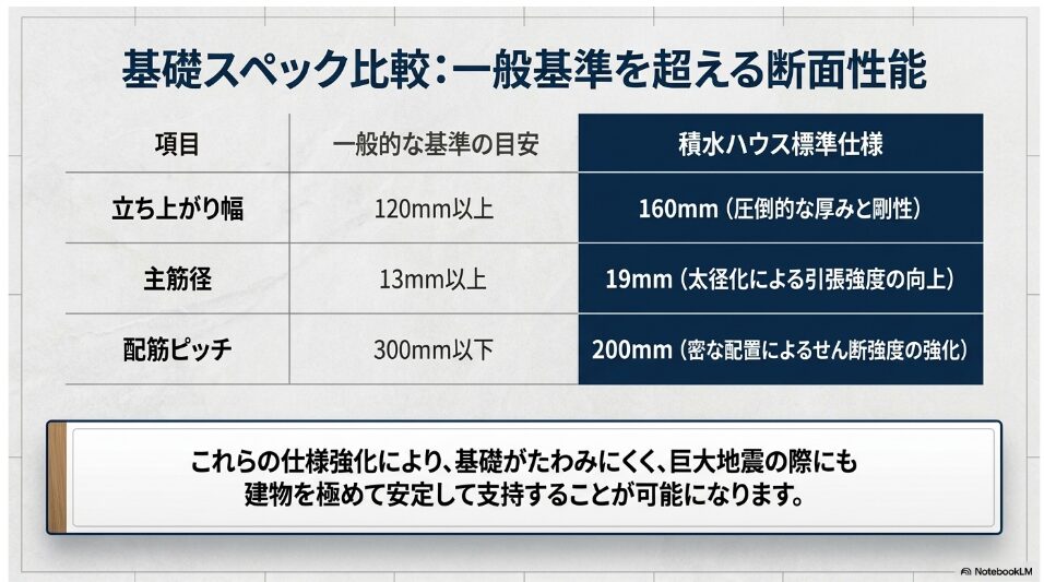 積水ハウスの基礎標準仕様と一般的な基準を比較した表。立ち上がり幅160mm、主筋径19mm、配筋ピッチ200mmなどの優れたスペックを紹介。