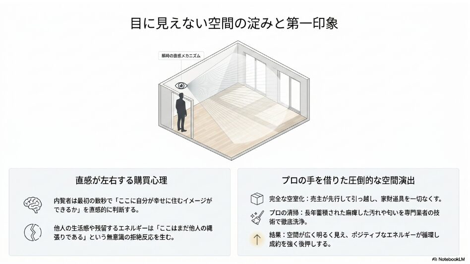 内覧者が最初の数秒で抱く無意識の拒絶反応と、完全な空室化やプロの清掃による空間演出の効果を解説した図解