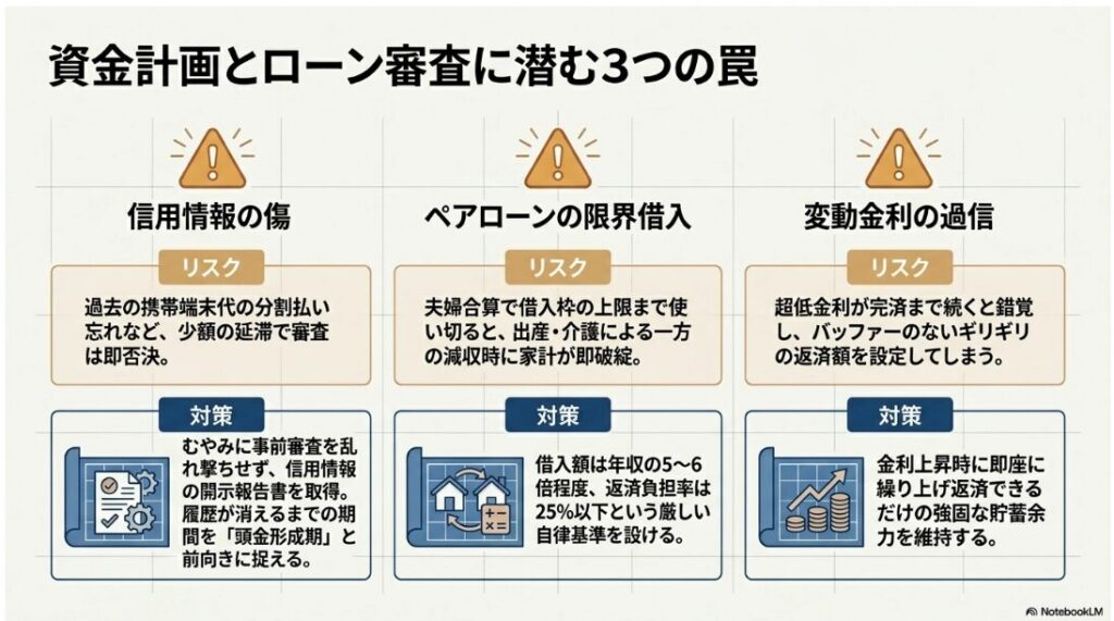 信用情報の傷、ペアローンの限界借入、変動金利の過信というローン審査に潜む3つのリスクと対策の図解