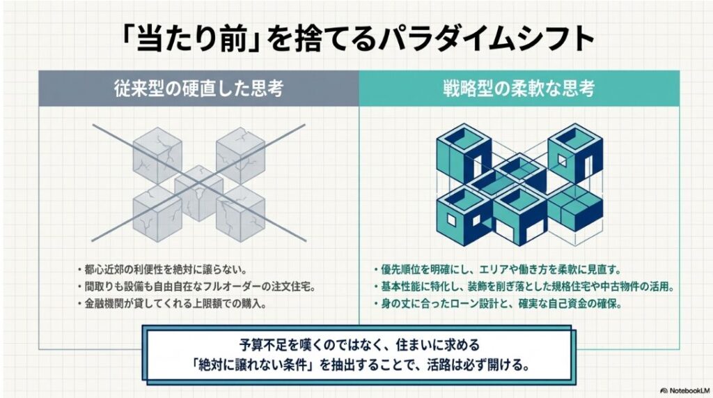 従来型の硬直した思考を捨てて戦略型の柔軟な思考へとシフトする概念図