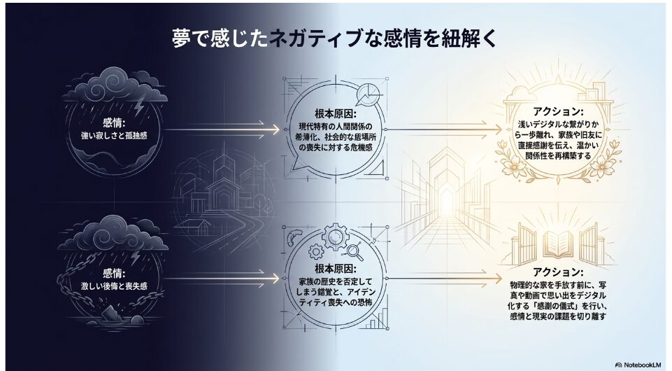 強い寂しさや激しい後悔といった感情から、人間関係の希薄化などの根本原因を紐解き、関係性の再構築や感謝の儀式といったアクションを促す図解。