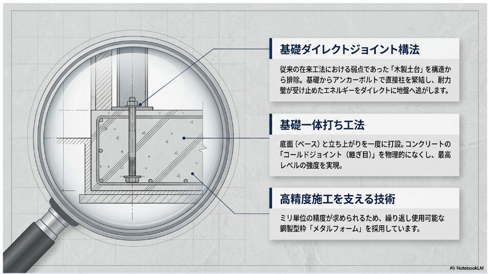 木製土台を排除した基礎ダイレクトジョイント構法、継ぎ目をなくす基礎一体打ち工法、高精度施工を支えるメタルフォームの採用を解説する図。