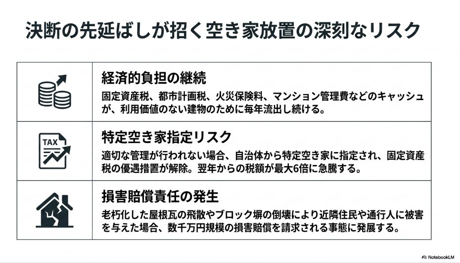 決断の先延ばしによる空き家放置の経済的負担継続、税額が急騰する特定空き家指定リスク、損害賠償責任の発生をまとめた表