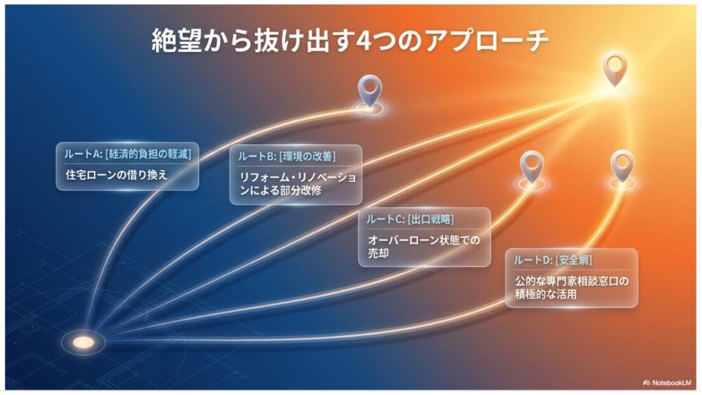 経済的負担の軽減、環境の改善、出口戦略、安全網という絶望から抜け出すための4つのアプローチの全体像を示す図