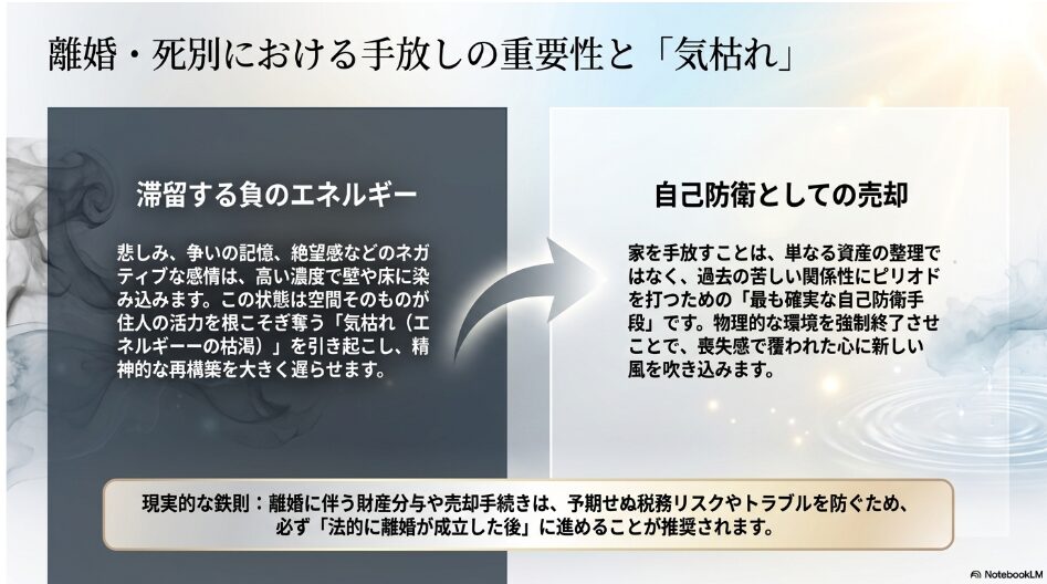 離婚・死別における手放しの重要性と気枯れ。ネガティブな感情が空間に滞留すると気枯れを引き起こすため、家を手放すことは過去の苦しい関係性にピリオドを打つ最も確実な自己防衛手段であることを説明したスライド。