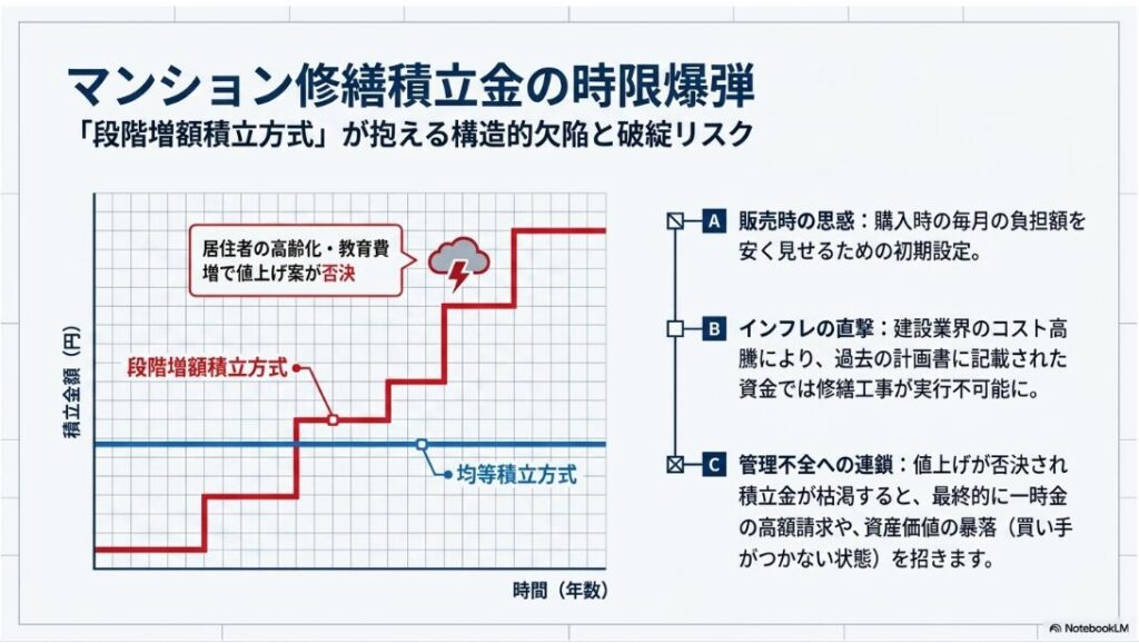 段階増額積立方式と均等積立方式の積立金額の推移と、居住者の高齢化等による値上げ案否決リスクを示すグラフ