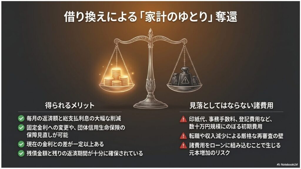 お金と重りを乗せた天秤のイラストと共に、住宅ローン借り換えのメリットと注意すべき諸費用や審査の壁を解説した図
