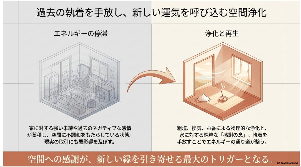 荷物が整理されている部屋のイラスト。家に対する執着がもたらすエネルギーの停滞と、物理的な浄化や再生のメカニズムを解説しています。