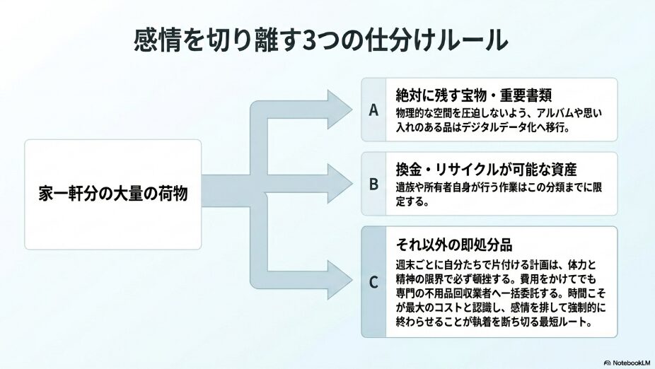 大量の荷物を、絶対に残す宝物(デジタルデータ化)、換金・リサイクル品、即処分品(不用品回収業者へ委託)の3つに分類し、感情を排して整理するルール