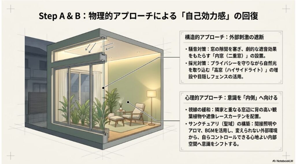 物理的・心理的アプローチ(内窓の設置や観葉植物の配置など)による自己効力感の回復