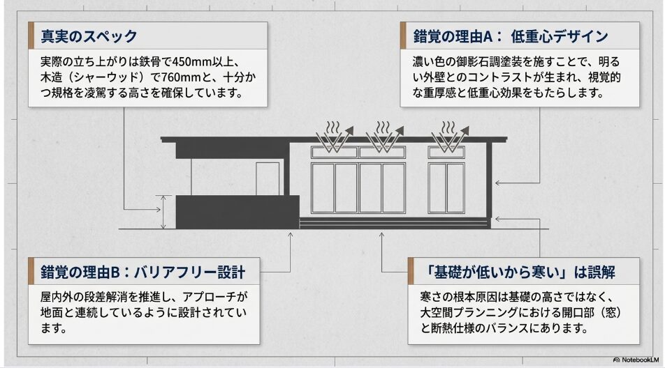 基礎が低いと錯覚される理由である低重心デザインやバリアフリー設計の解説と、「基礎が低いから寒い」という誤解を解くスライド。