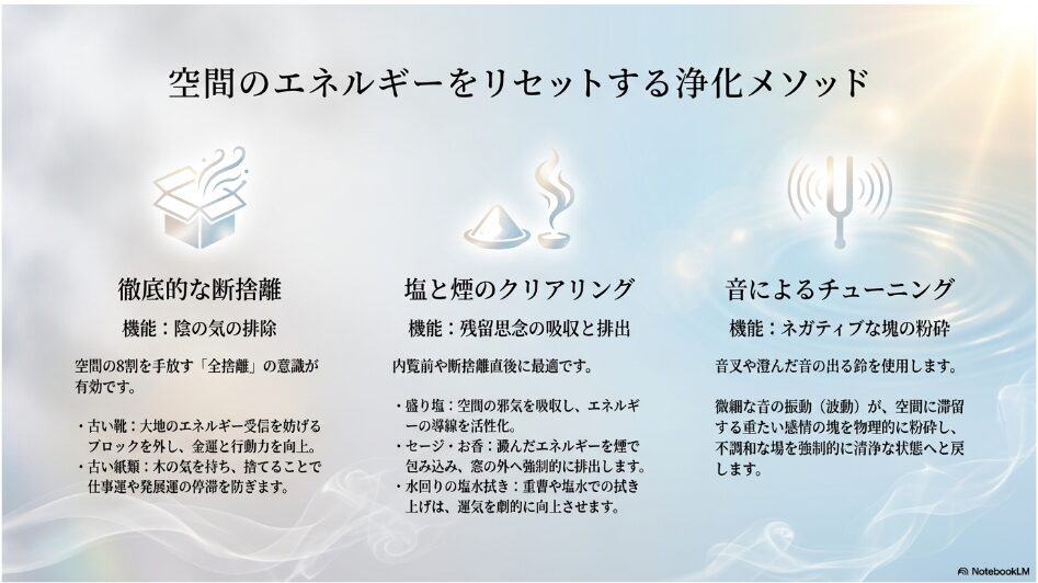 空間のエネルギーをリセットする浄化メソッド。徹底的な断捨離、塩と煙のクリアリング、音によるチューニングを用いて、陰の気の排除や残留思念の吸収、ネガティブな塊を粉砕し空間エネルギーをリセットする手法の図解。