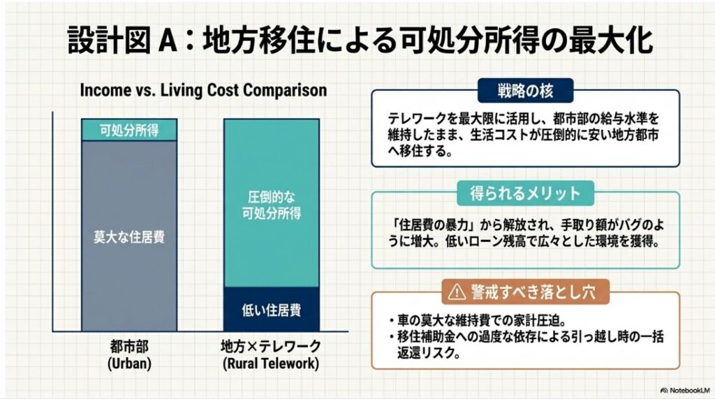 都市部と地方での可処分所得と住居費の比較を示した、地方移住とテレワーク戦略の図解