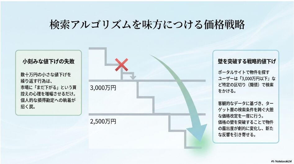 小刻みな値下げによる失敗を避け、ターゲット層の検索条件の閾値を跨ぐことで物件の露出度を劇的に変える戦略的値下げの図解