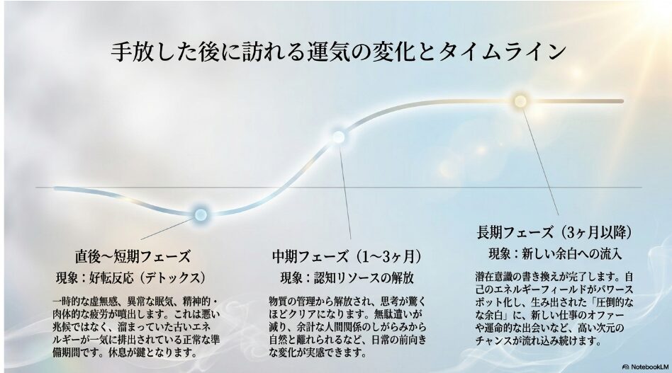 手放した後に訪れる運気の変化とタイムライン。直後の好転反応から、中期フェーズでの認知リソース解放、長期フェーズにおける新しい余白へのチャンス流入までを段階的に解説。