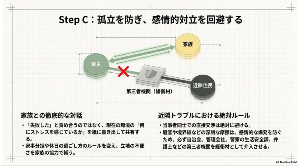 孤立を防ぎ感情的対立を回避するための、家族との対話と第三者機関(緩衝材)を活用した関係図