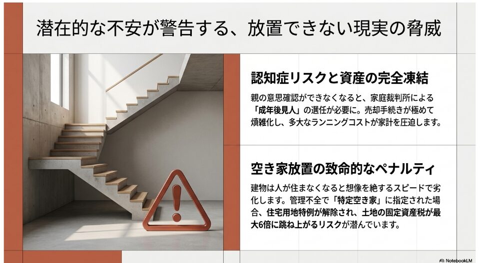 階段の前に赤い警告マークが置かれたイラスト。親の認知症による資産の完全凍結リスクや、空き家放置による固定資産税増大などのペナルティについて警告しています。