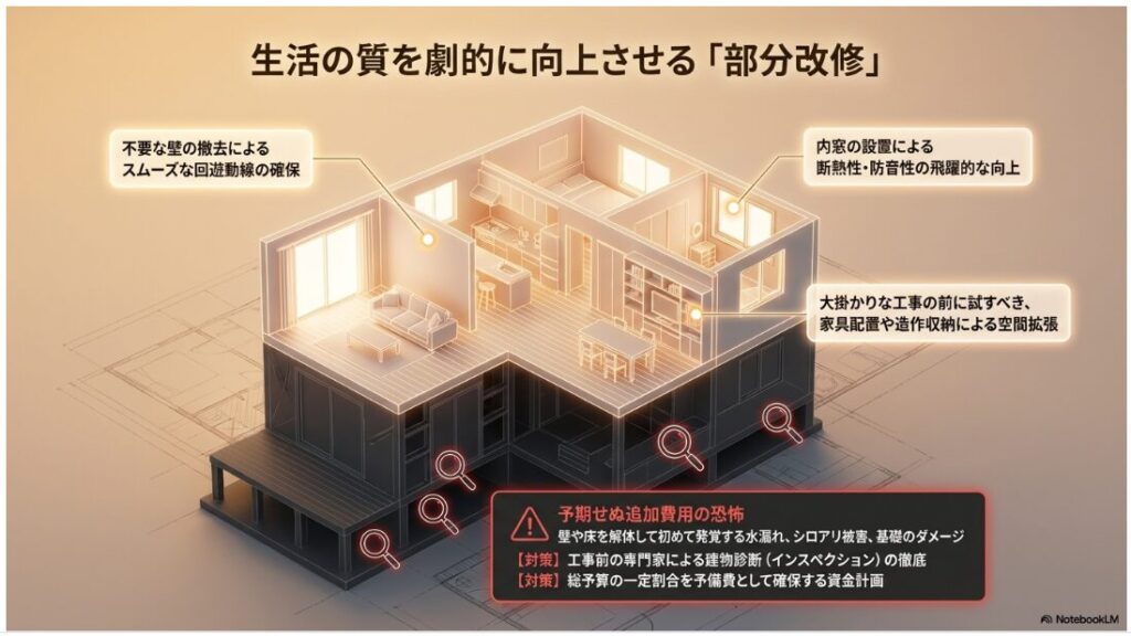 住宅の立体図解を用いて、壁の撤去や内窓の設置などの部分改修メリットと、予期せぬ追加費用の恐怖と対策をまとめた図