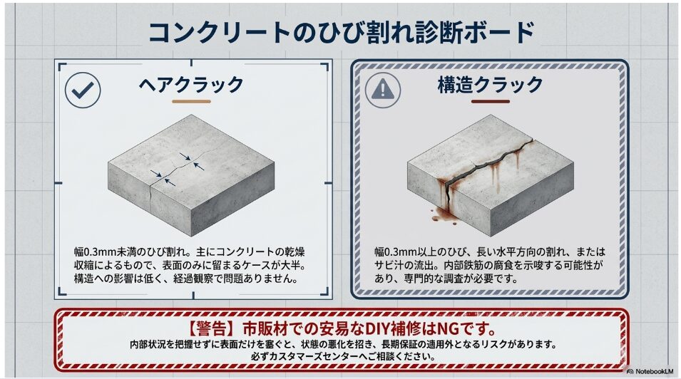 ヘアクラックと構造クラックの違いを解説するひび割れ診断ボード。市販材での安易なDIY補修への警告も記載。