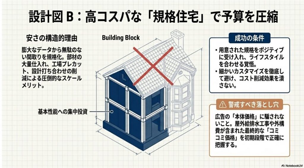 無駄のない基本性能への集中投資でコストを抑えた規格住宅の構造を示す図解