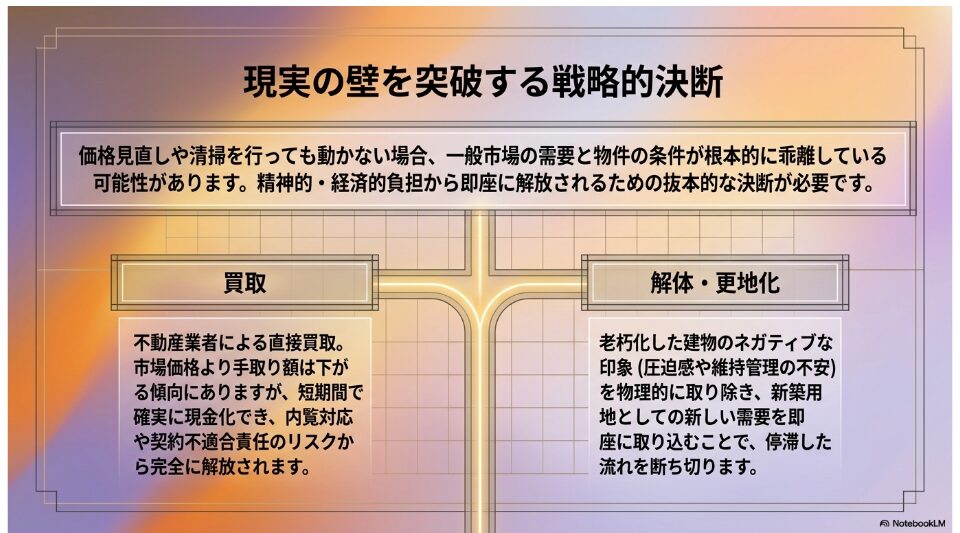 一般市場で売れない場合に買取や解体・更地化で停滞を断ち切る戦略的決断の図解