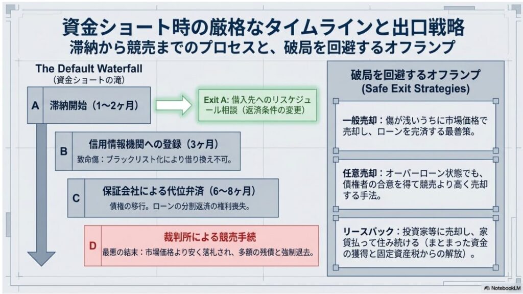 滞納開始から信用情報機関への登録、代位弁済、裁判所による競売に至るまでの期間と、一般売却や任意売却などの回避策を示す図