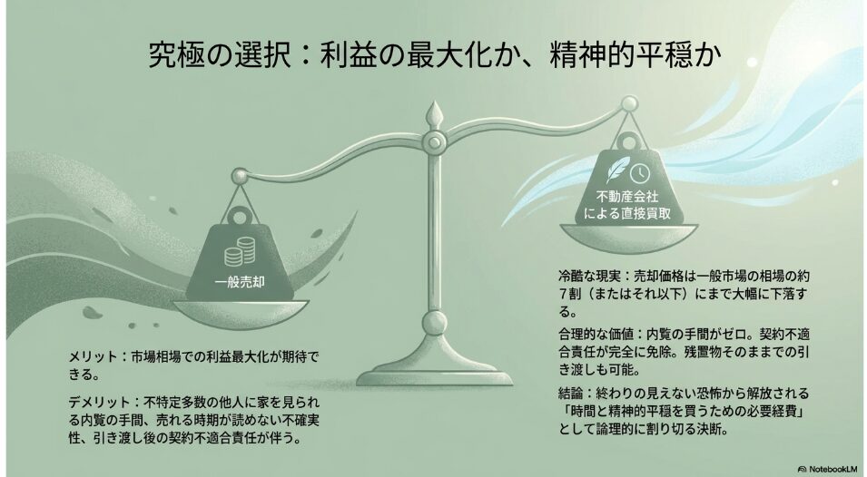 市場相場での利益最大化を狙う一般売却に対し、価格が下がっても時間と精神的平穏を得る不動産会社による直接買取を比較した天秤の図