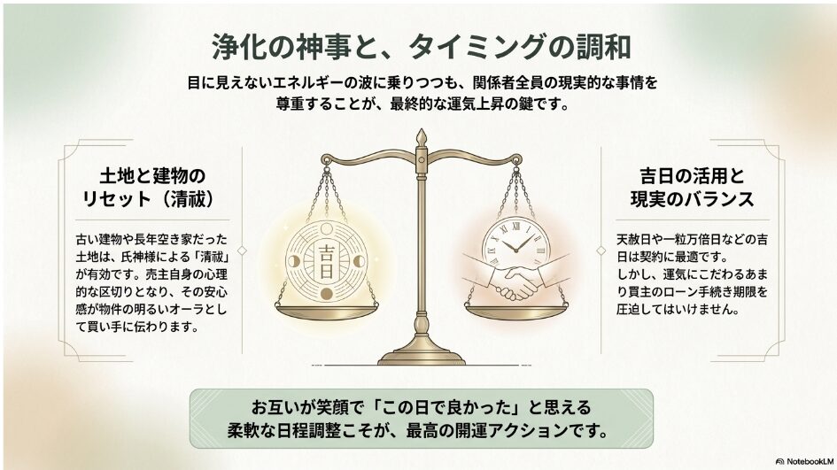 吉日と契約の握手を天秤にかけ、運気と現実的な事情のバランスをとるイメージ図