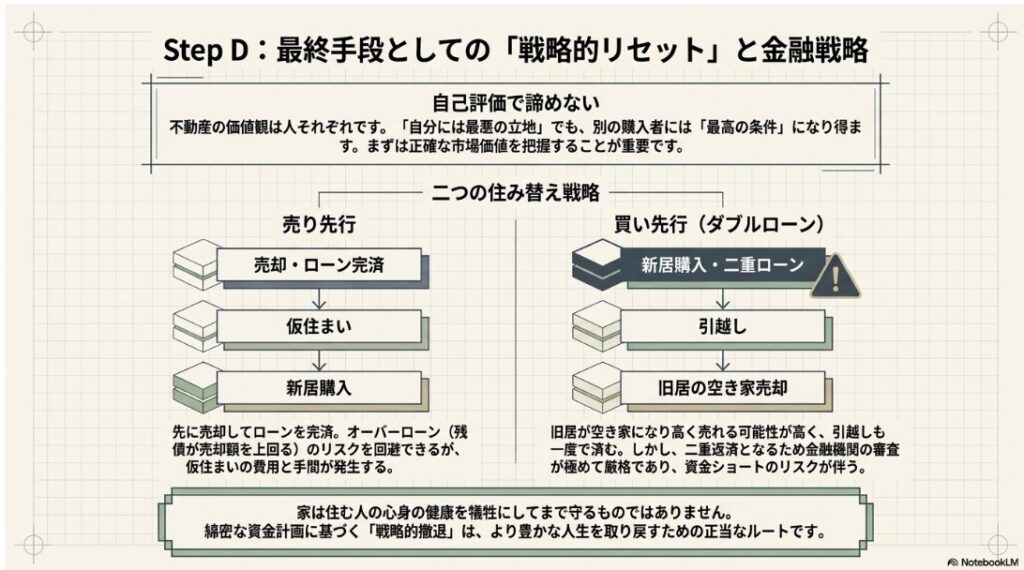 最終手段としての戦略的リセットにおける、二つの住み替え戦略(売り先行と買い先行・ダブルローン)の比較図