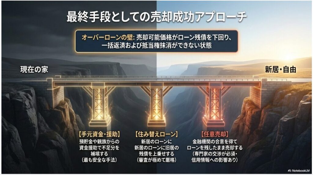 オーバーローンの壁を乗り越えるための手元資金での補填、任意売却、住み替えローンという3つの解決手法と注意点をまとめた図解