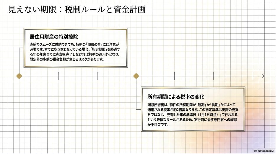 居住用財産の特別控除の期限と、所有期間による税率変化についてのタイムライン