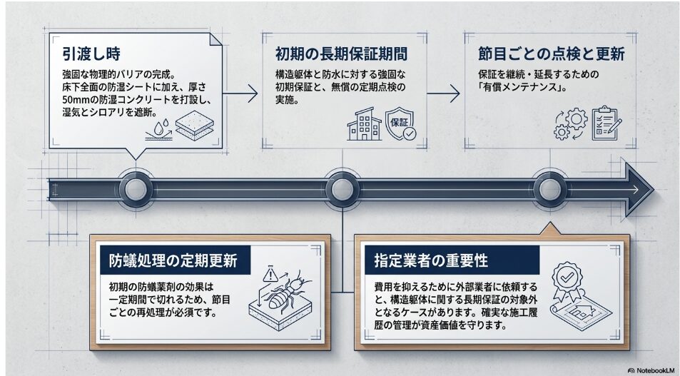 引渡し時から初期の長期保証期間、節目ごとの有償メンテナンスと防蟻処理の定期更新までの流れを示した図解。