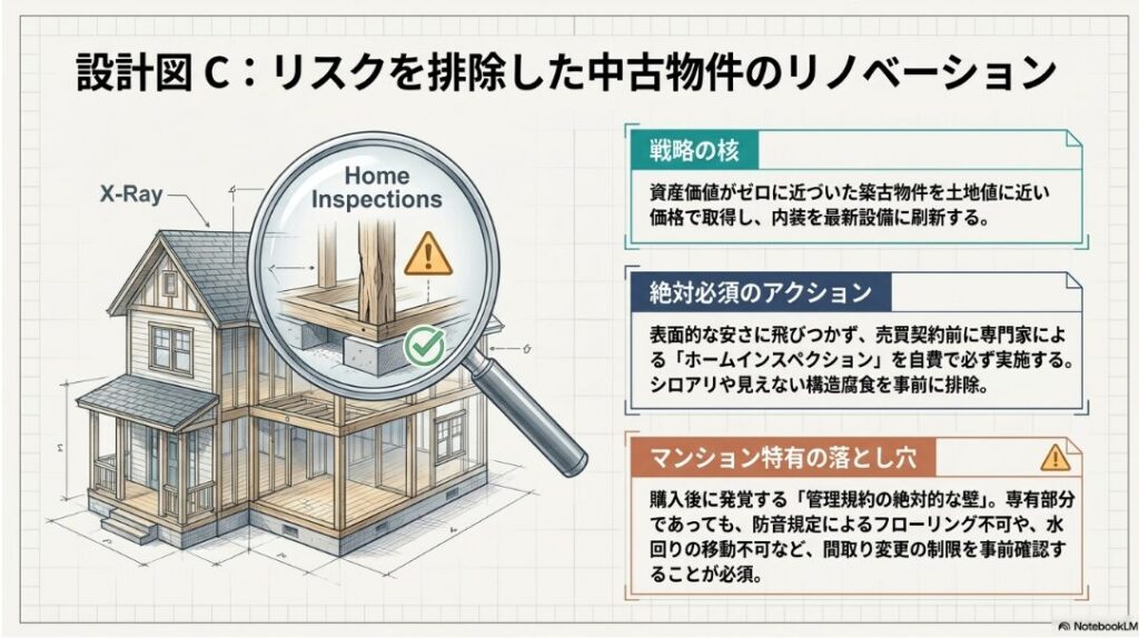 ホームインスペクションで中古住宅の構造腐食などのリスクを事前に排除する様子を示す図解