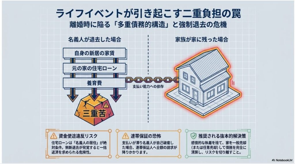 名義人が退去した場合の家賃・ローン・養育費の三重苦と、家族が残った場合の資金使途違反や連帯保証のリスクを示す図