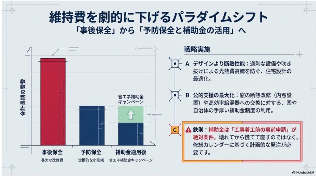 甚大な改修費がかかる事後保全と比べ、定期的な小修繕と省エネ補助金を活用した予防保全が長期的な費用を抑えられることを示すグラフ