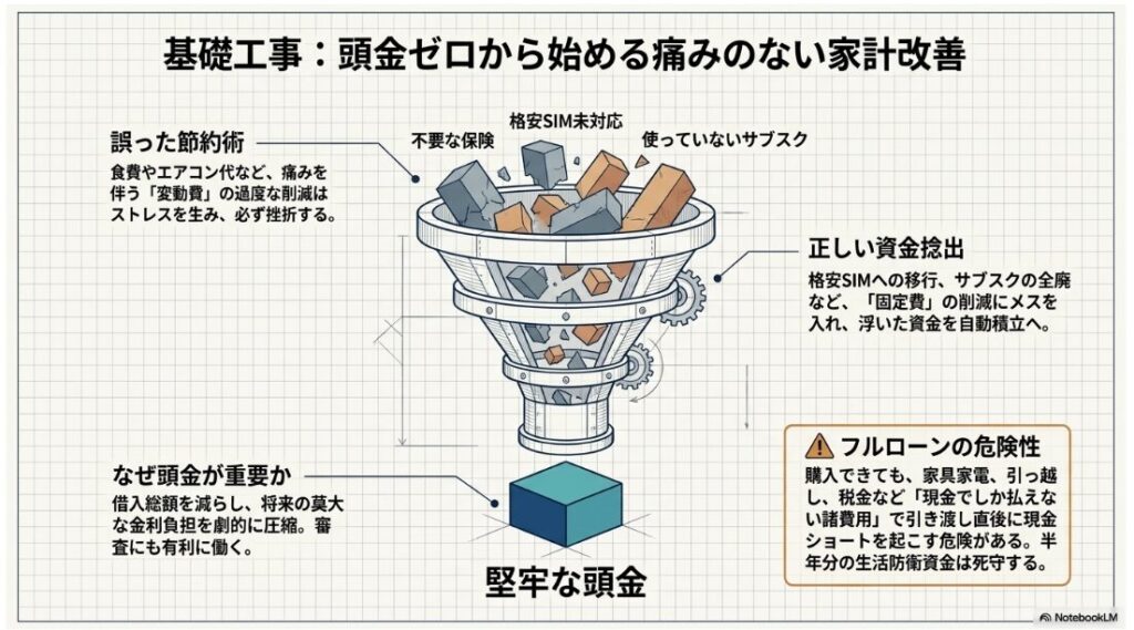 誤った節約術を捨て、固定費の削減で浮いた資金から堅牢な頭金を捻出する仕組みの図解