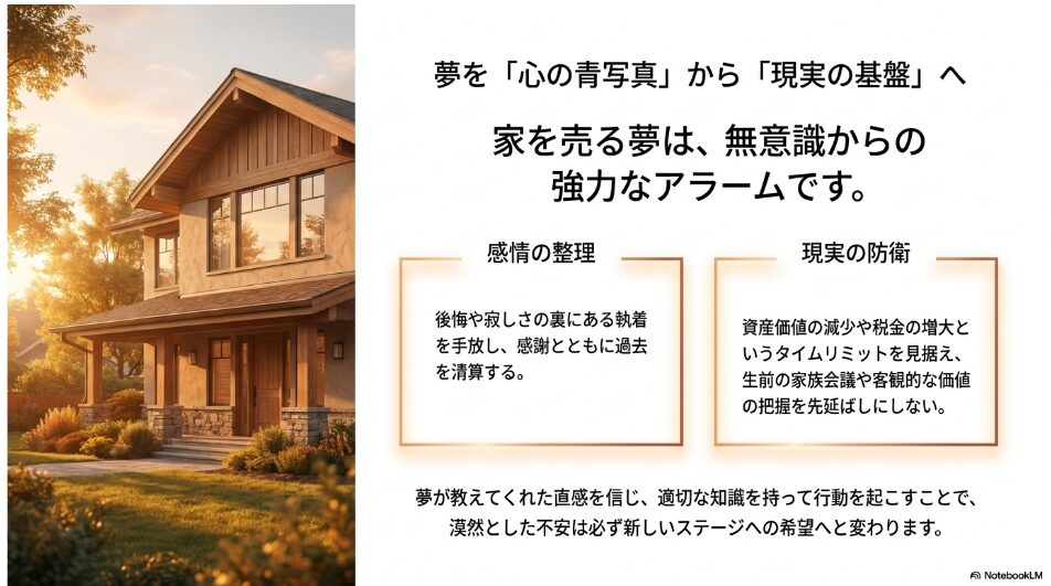 夕日が差し込む美しい家の外観写真。家を売る夢は無意識からのアラームであり、感情の整理と現実の防衛を行うことで未来への希望に変わるというメッセージ。