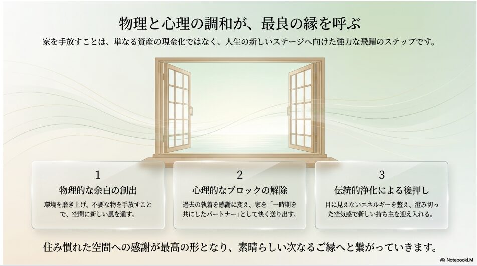 物理的な余白の創出、心理的なブロックの解除、伝統的浄化という3つのステップのまとめ図