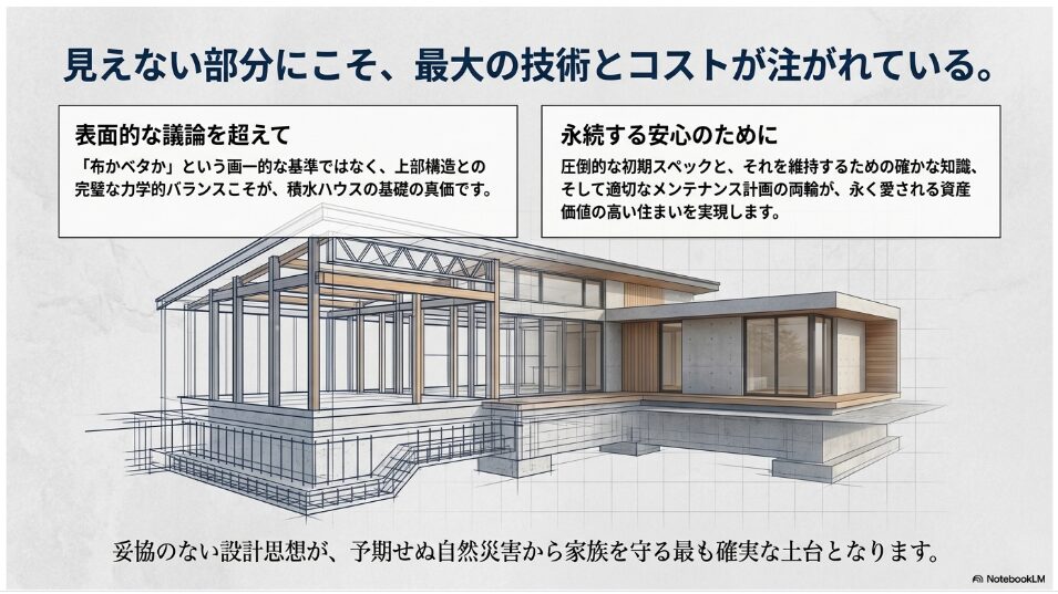 積水ハウスの基礎の真価は上部構造との力学的バランスにあり、適切なメンテナンスが永く愛される資産価値の高い住まいを実現するというまとめのスライド。