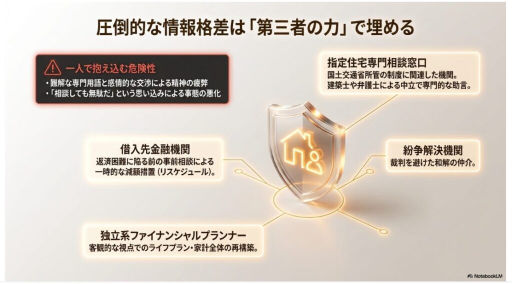 一人で抱え込む危険性を警告し、借入先金融機関、指定住宅専門相談窓口、紛争解決機関、独立系FPなど頼れる第三者機関をリストアップした図