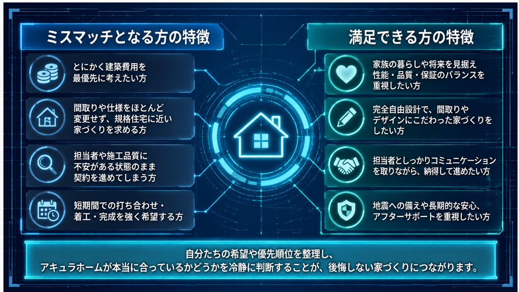 アキュラホームでミスマッチになりやすい条件と相性がよい条件を比較した最終チェック図