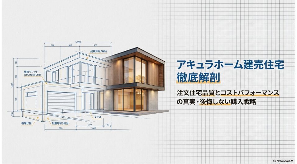 アキュラホームの建売住宅に関する注文住宅品質とコストパフォーマンスの真実、後悔しない購入戦略をまとめたスライド表紙画像