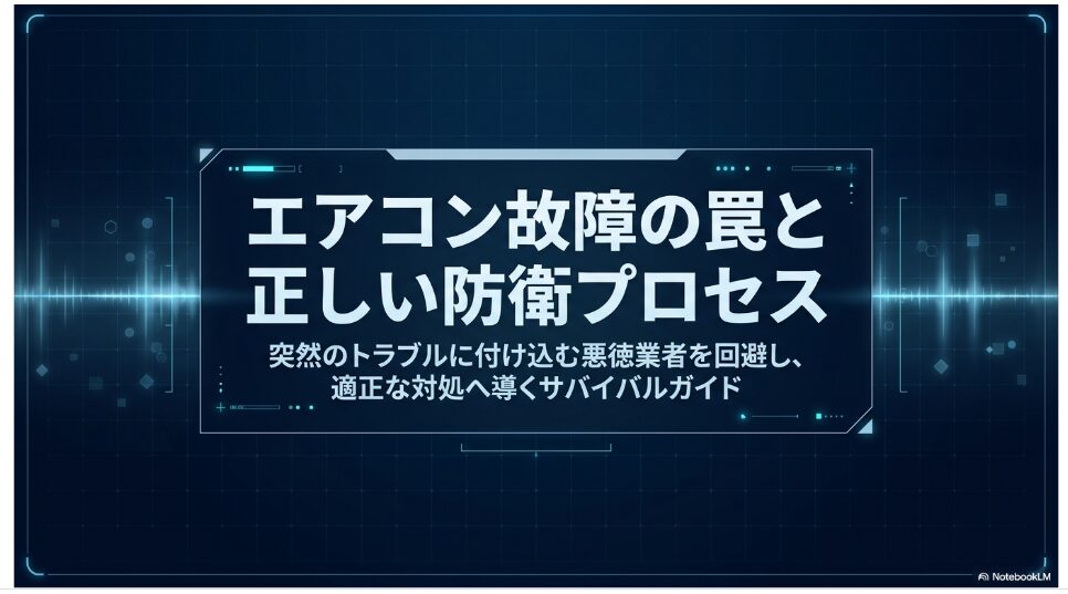 エアコン故障時に悪徳業者を回避し、適正な対処へ導くためのサバイバルガイドであることを示すタイトル画像。