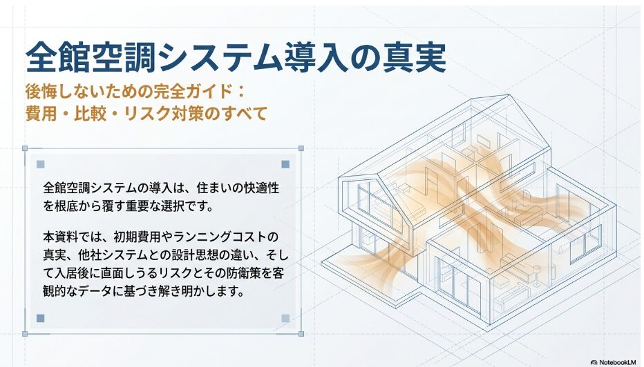 住宅全体に行き渡る全館空調の気流を示したイメージ図と導入ガイドの表紙