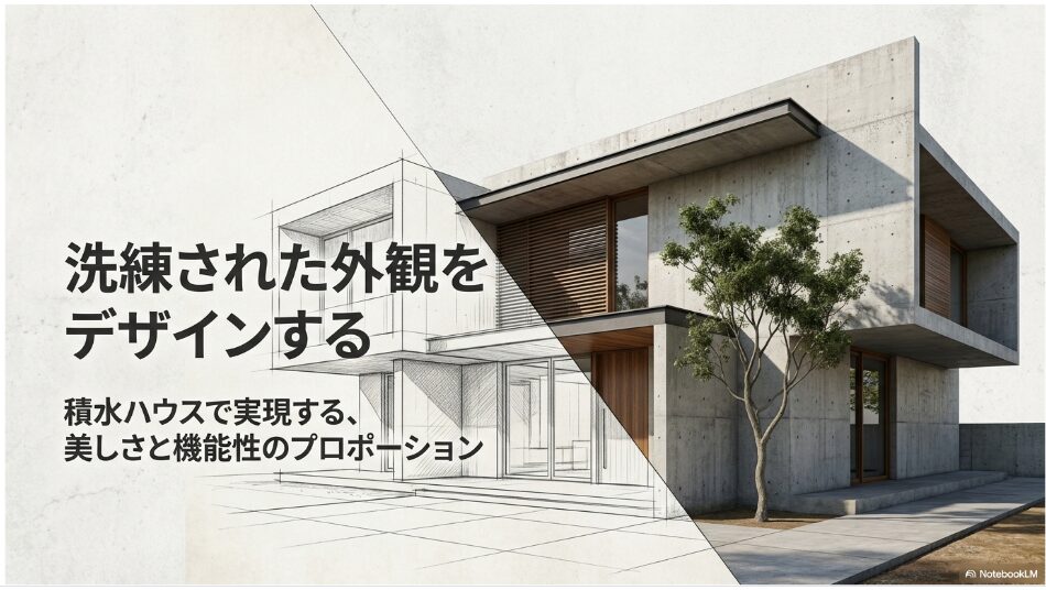 「洗練された外観をデザインする 積水ハウスで実現する、美しさと機能性のプロポーション」と書かれたタイトルスライド